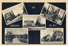 8060 Collage van gezichten te De Bilt:- De Kerklaan.- De Steene Camer.- Het Van Boetzelaerpark.- De Soestdijkseweg.- ...